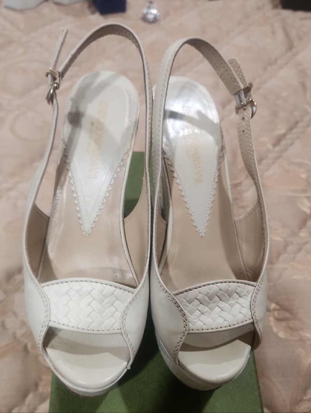 Emporio Armani White Woven Slingback Peep-Toe Heels